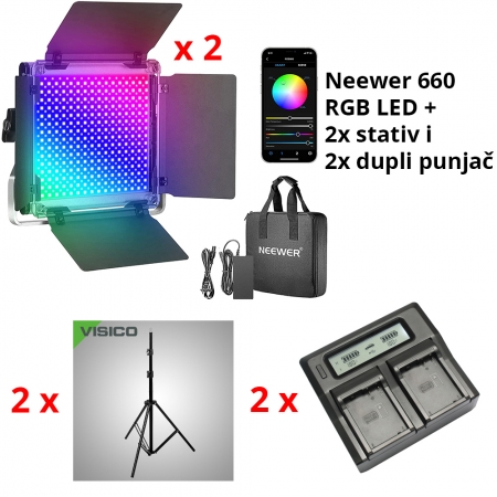 Neewer 660 RGB LED x 2 + 2x Visico LS-8005 + 2x NP-970 punjač